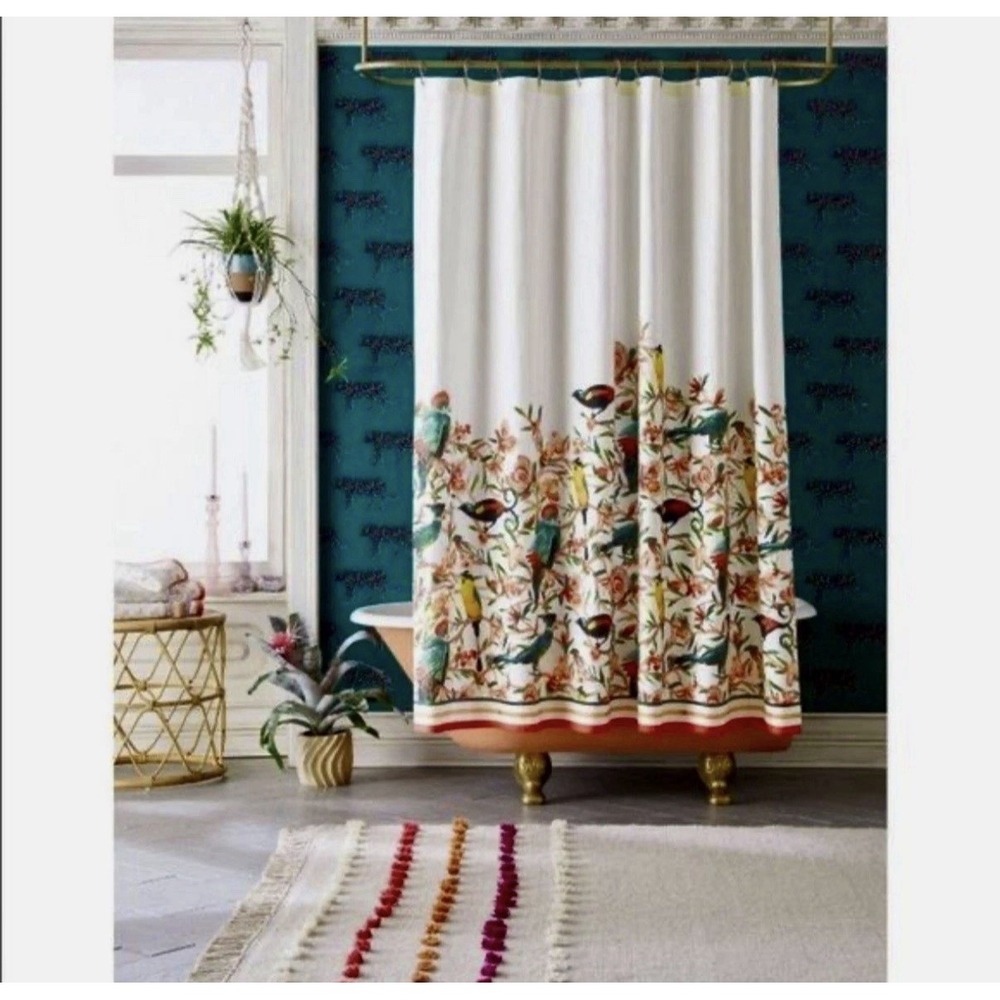 Opal House Floral Tropical Birds Cotton Shower Curtain 68"x 72"